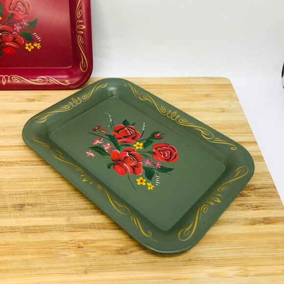 Vintage Green Red Metal Tole Set of 3 Tip Jewelry Trinket Tray Floral - Picture 4 of 5
